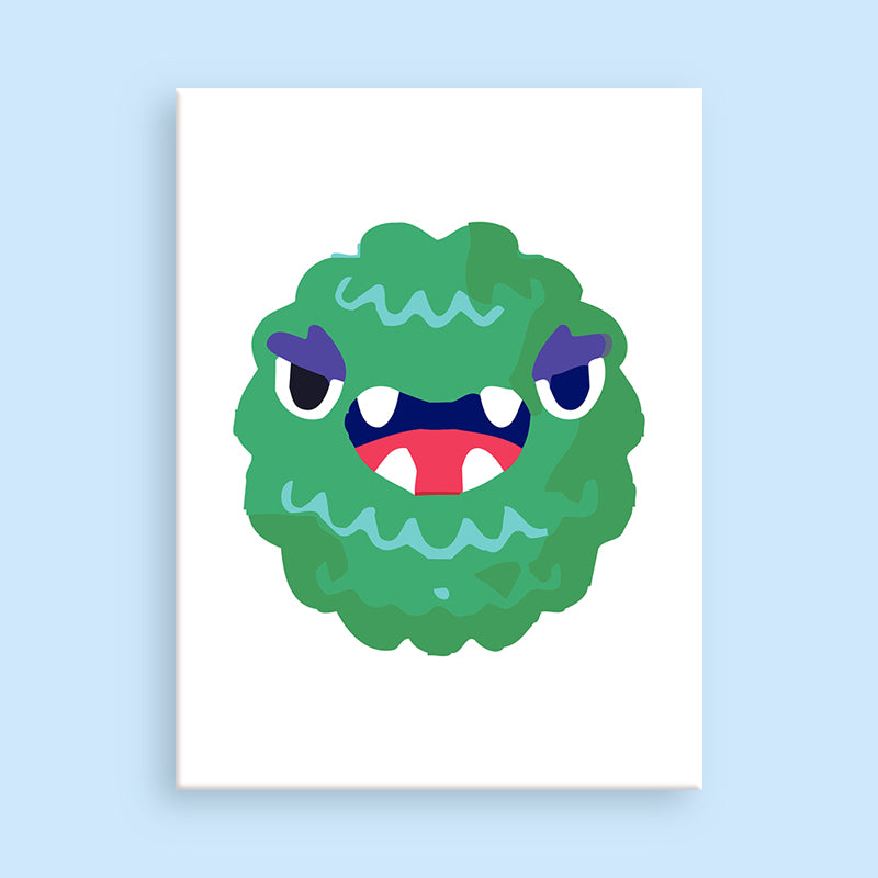 Visage de monstre vert caricatural sur fond bleu clair
