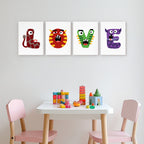 Children's room with colorful monster-themed wall art above a table with toys.