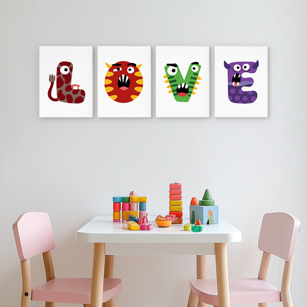 Children's room with colorful monster-themed wall art above a table with toys.