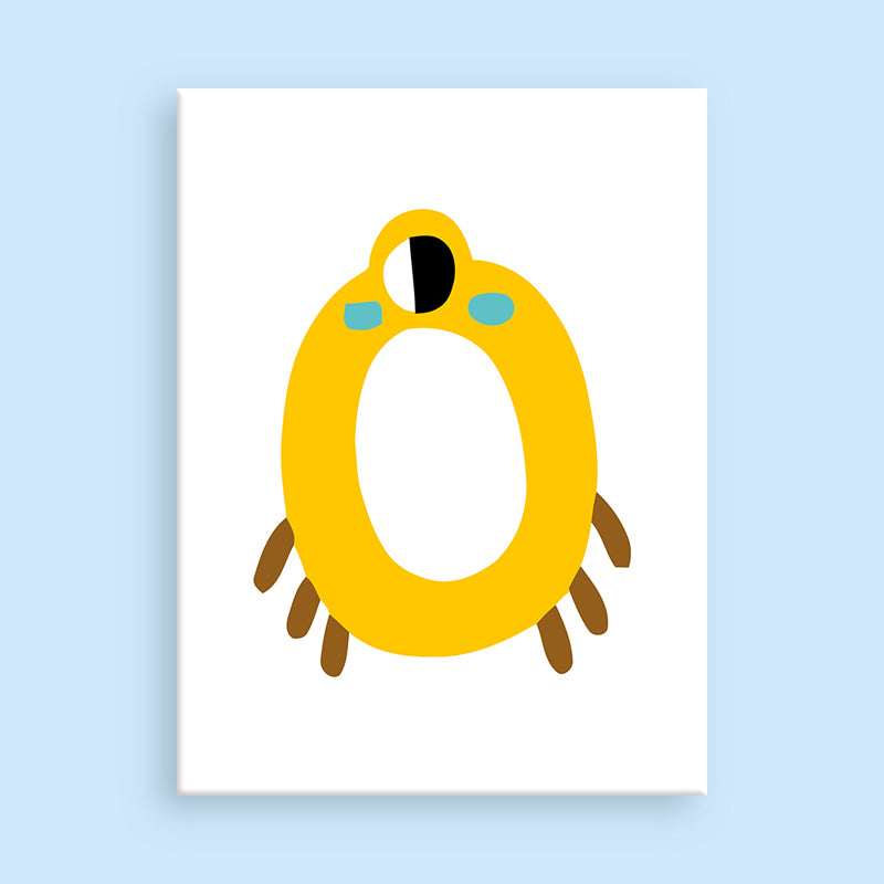 Yellow letter 'O' with a face on a white background