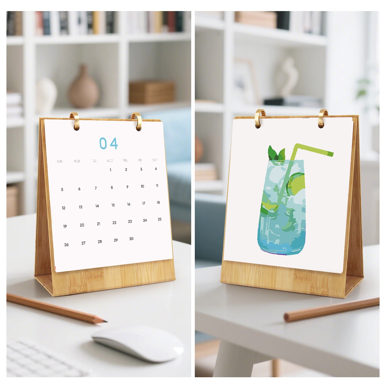 Two wooden calendar stands with different designs on a desk.