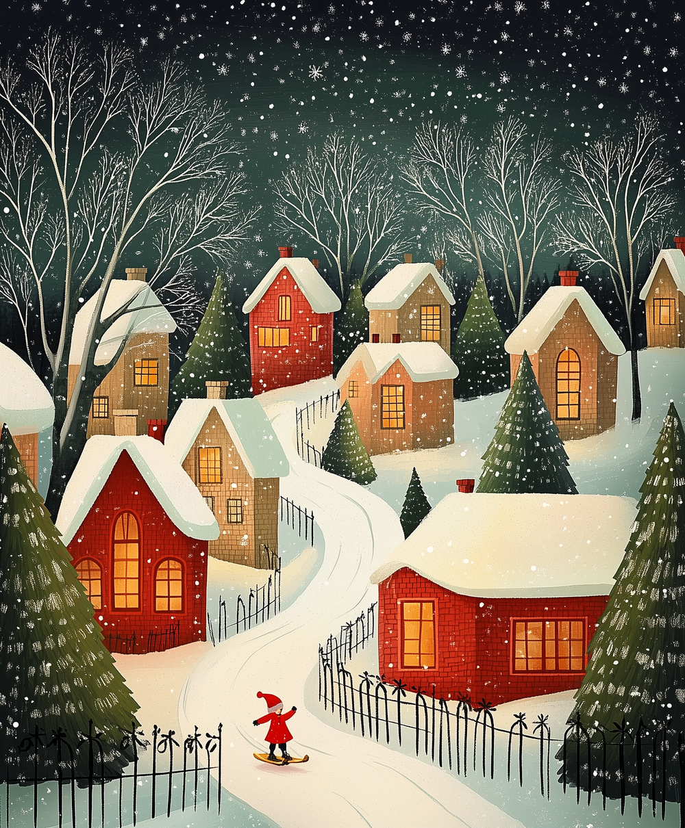 A paint by numbers kit depicting a snow-covered village with houses, trees, and a figure in red dressed walking along a path.