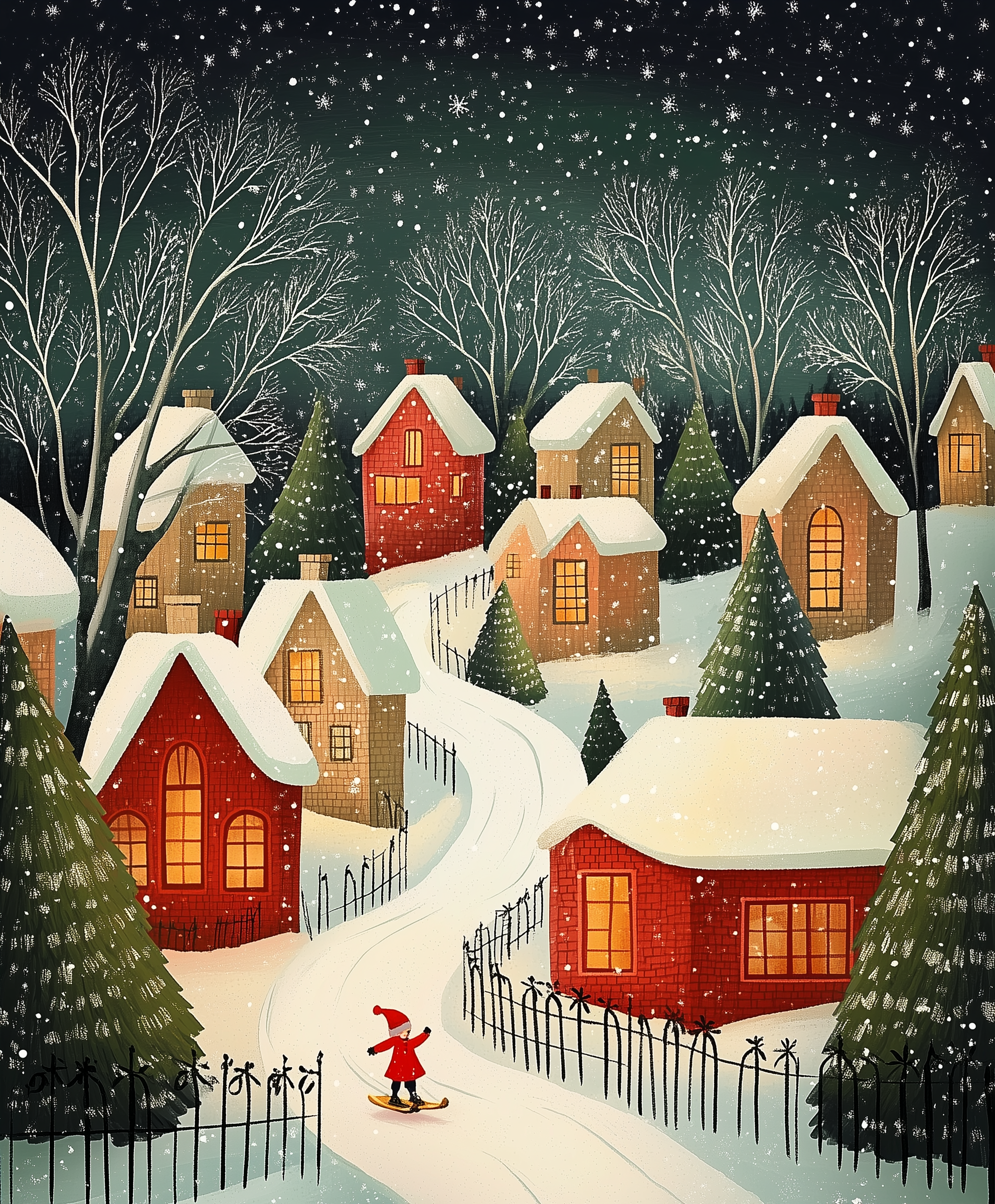 A paint by numbers kit depicting a snow-covered village with houses, trees, and a figure in red dressed walking along a path.
