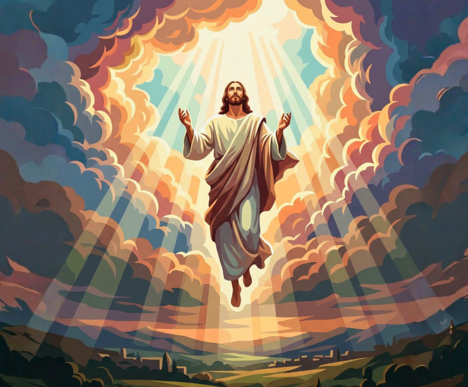 Jesus rising through colorful clouds and rays of light artwork for the Heavenly Ascension paint by numbers kit