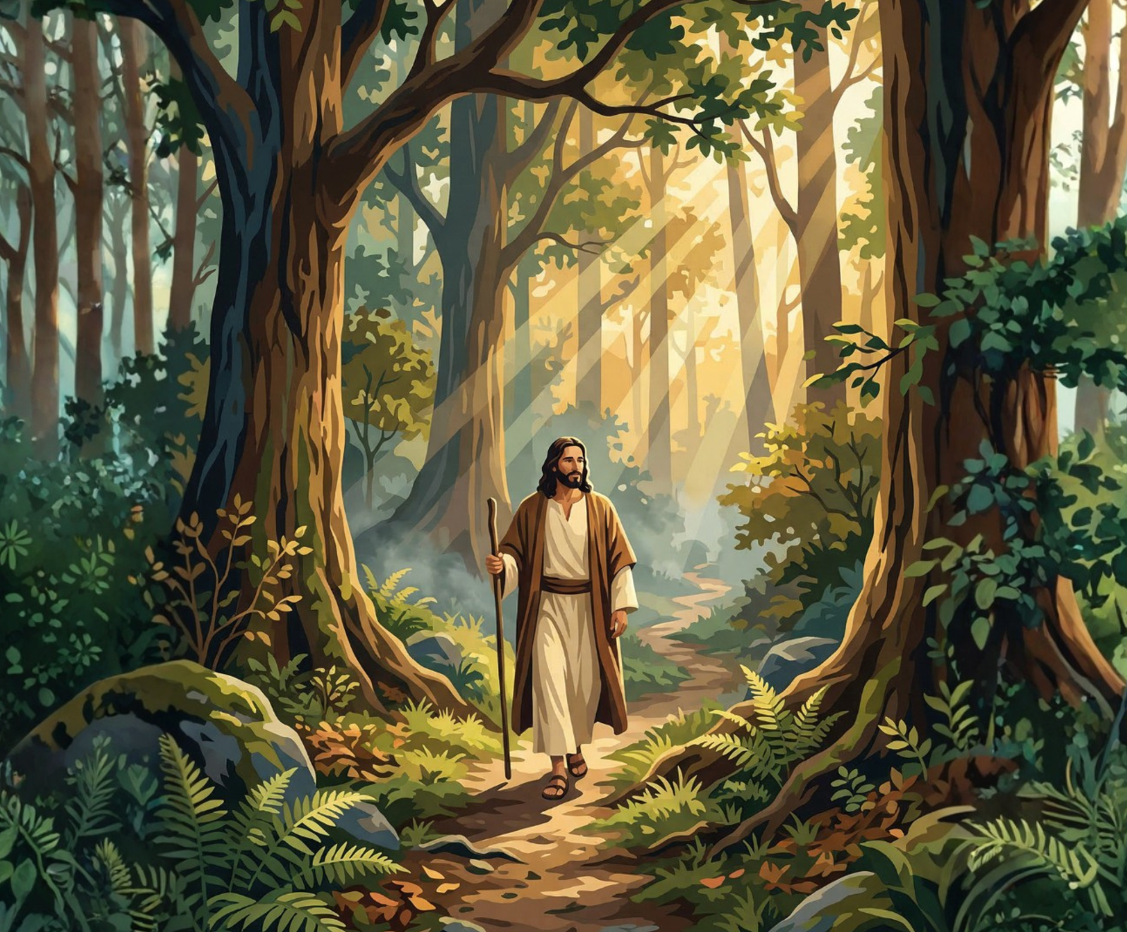 Jesus walking with a staff on a sunlit woodland path artwork for the Sacred Forest Walk paint by numbers kit