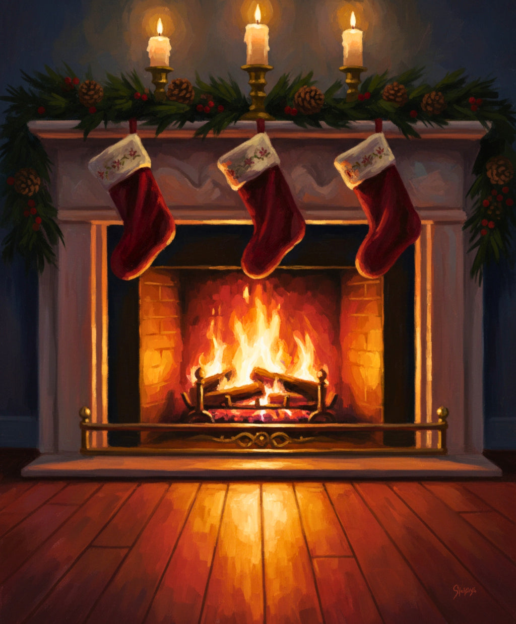 Three stockings hanging above a glowing fireplace.