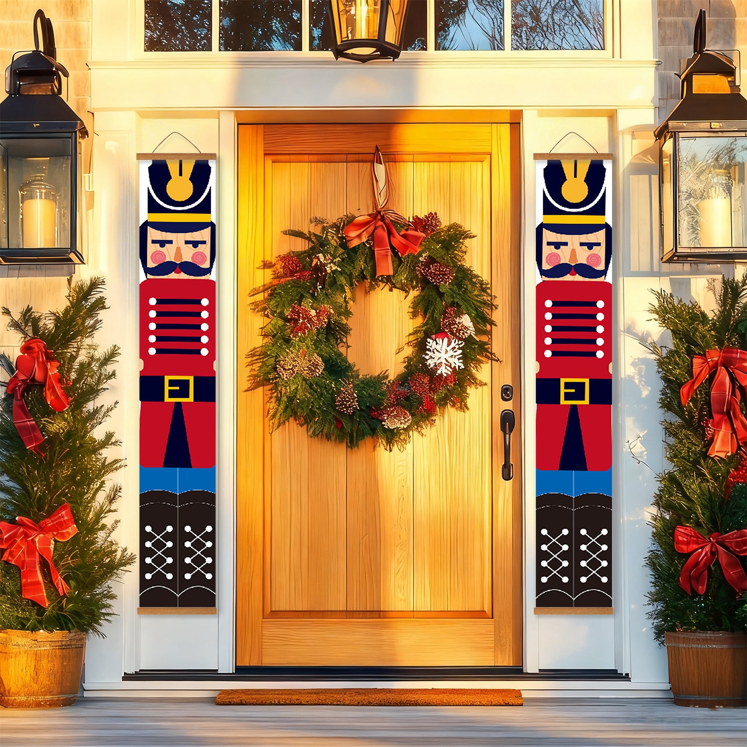 Front door with Christmas wreath and decorations on a house exterior