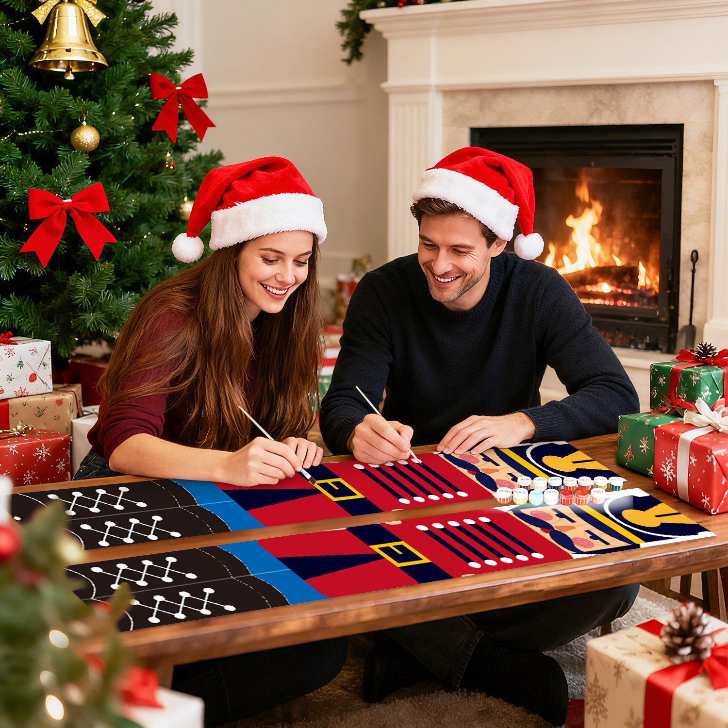 Two people wearing Santa hats playing a board game in a festive living room with a Christmas tree and fireplace.