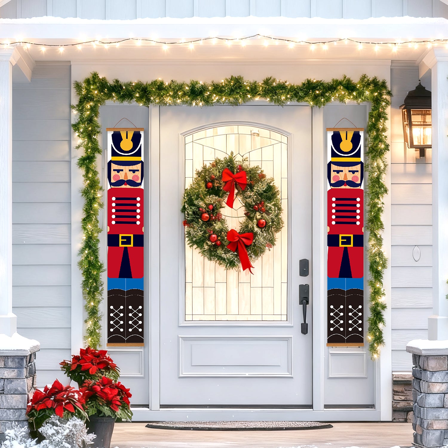 Decorative Christmas wreath with red bows and nutcracker banners on a door.
