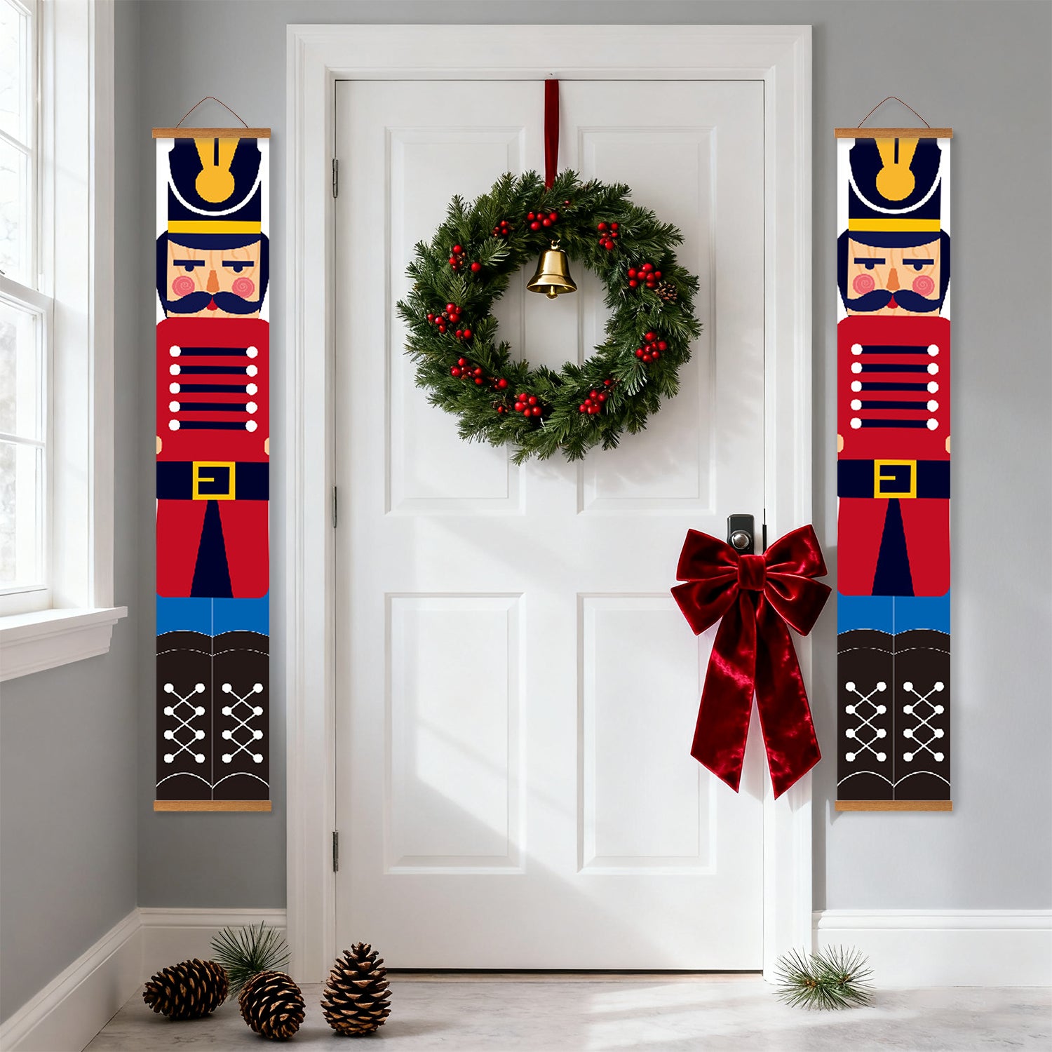 Decorative Christmas wreath with nutcrackers on a white door.