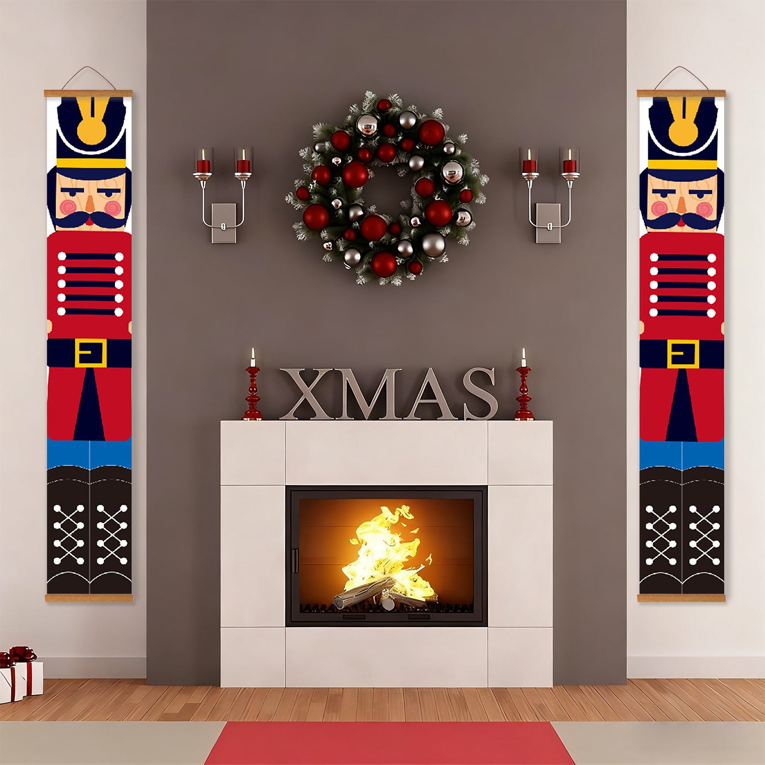 Decorative Christmas scene with nutcrackers, wreath, and fireplace.