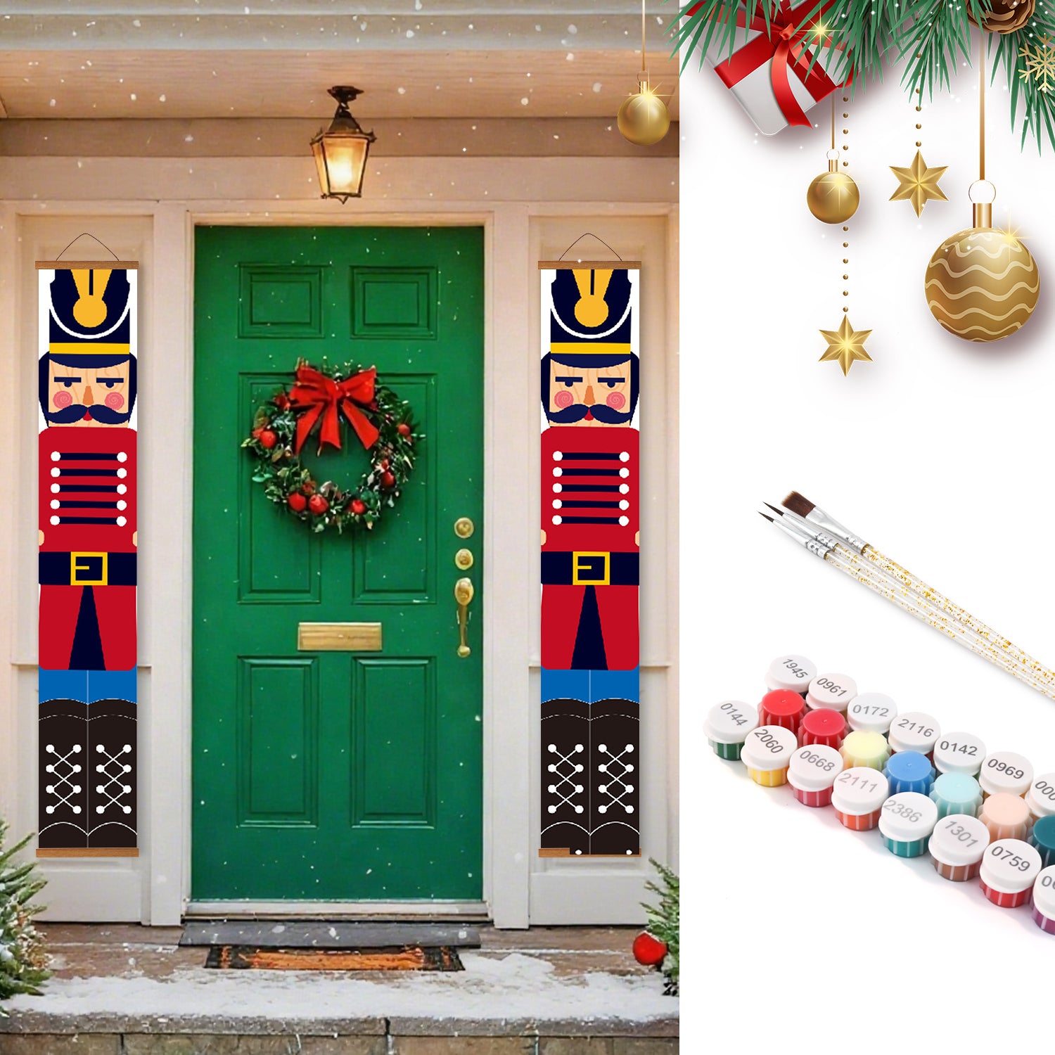 Decorative Christmas door with nutcracker banners and wreath, paint cans and brushes on a white background.
