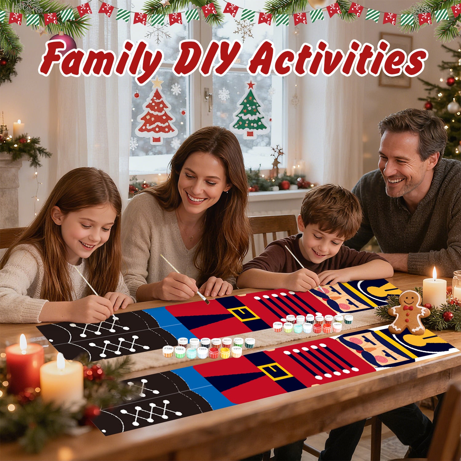Family engaged in a craft activity together with Christmas decorations in the background.