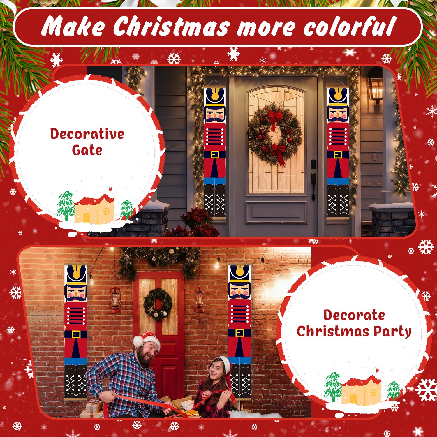 Decorative gate with nutcrackers and wreath for Christmas decorations, featuring text 'Make Christmas more colorful'.