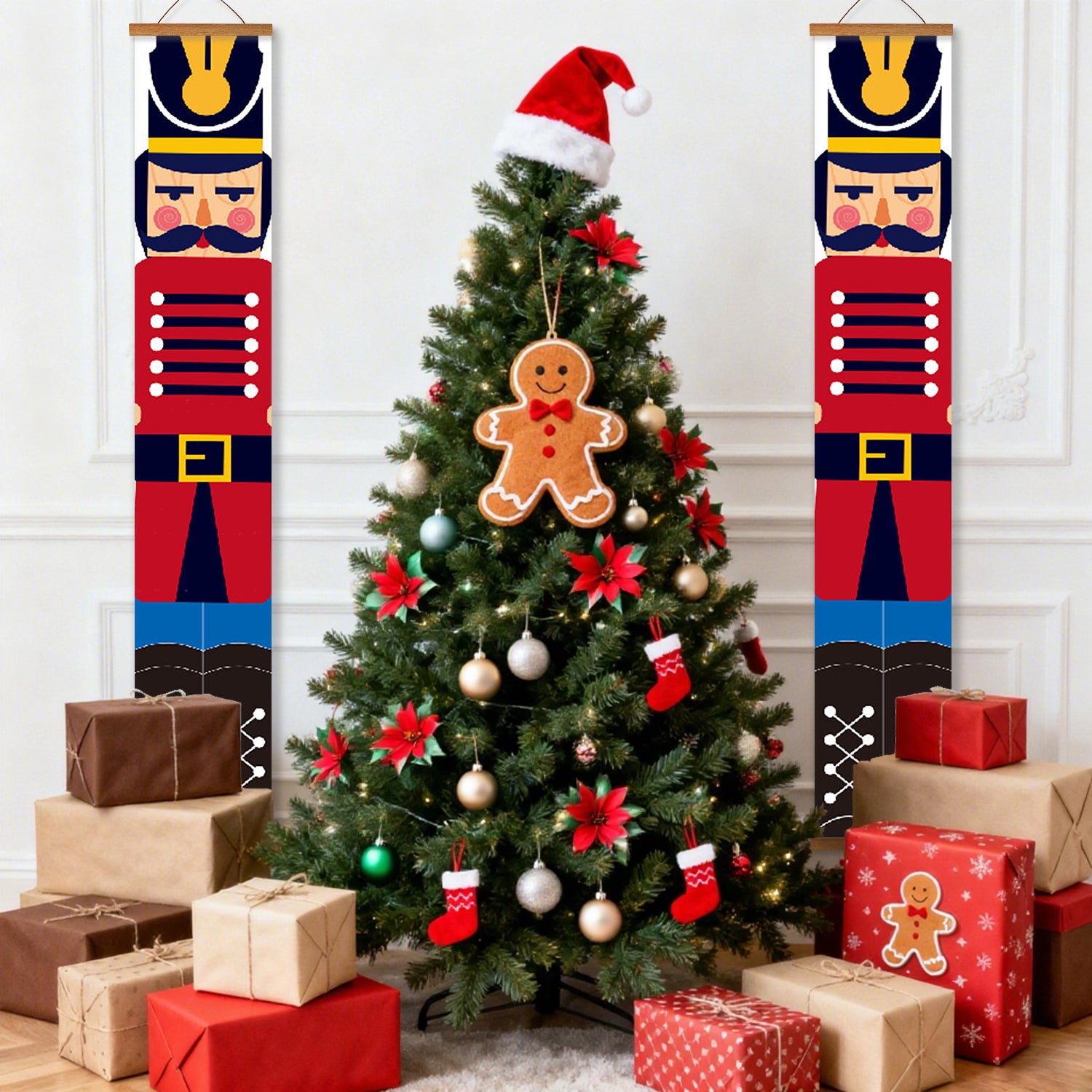 Decorated Christmas tree with ornaments and presents, flanked by nutcracker wall hangings.