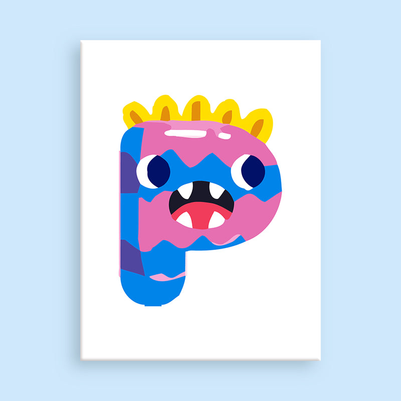 Lettre colorée « P » avec un visage de monstre sur fond bleu clair