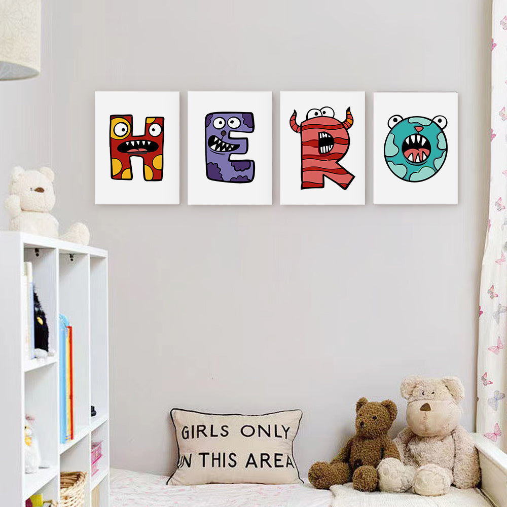 Four colorful monster-themed prints on a wall above a bed with teddy bears and a pillow.