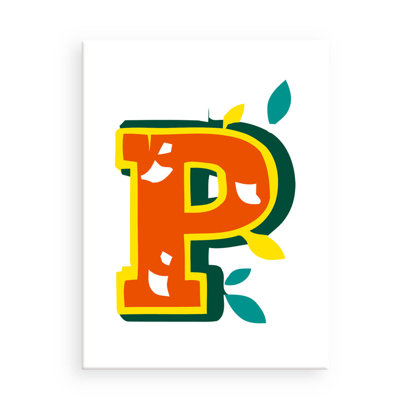 Colorful letter 'P' with leaf designs on a white background