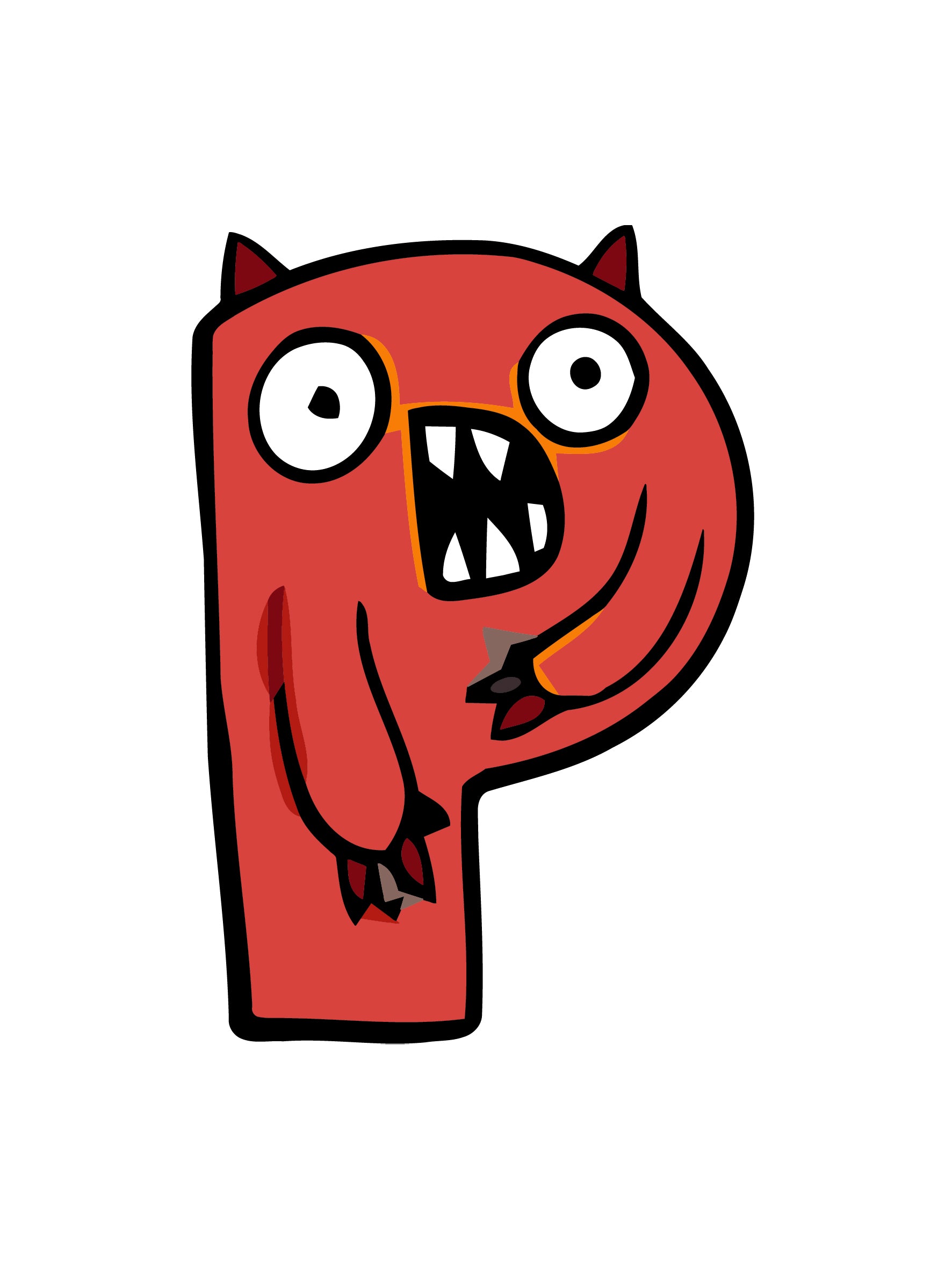 Red letter 'P' with a monster face on a white background