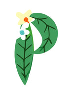 Letter 'P' with green leaves and flowers on a white background
