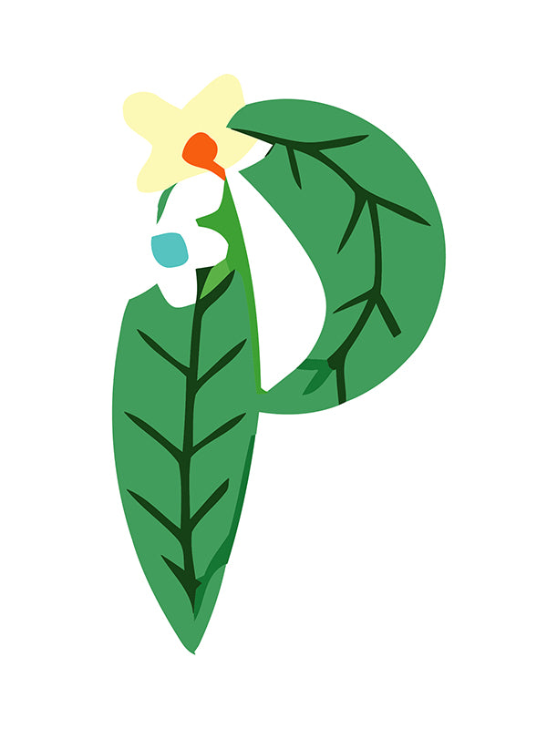 Letter 'P' with green leaves and flowers on a white background