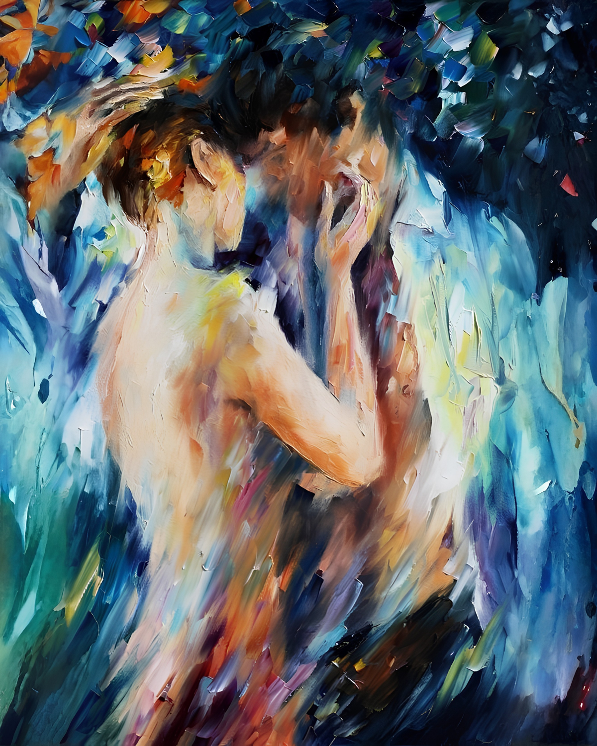 A couple leaning close together amid loose blue, white and gold brushstrokes.