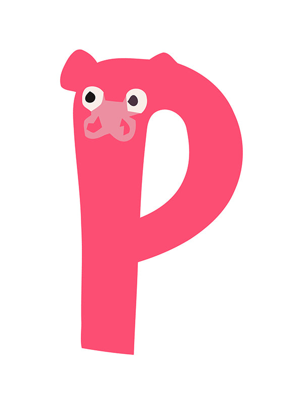 Pink letter 'P' with a bear face on a white background