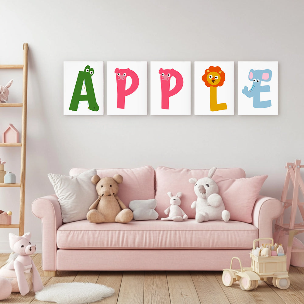 Children's room with a pink couch, toys, and colorful wall art spelling 'APPLE'.