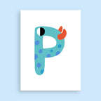 Colorful letter 'P' on a white background with a light blue border