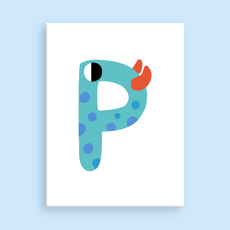 Colorful letter 'P' on a white background with a light blue border
