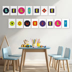 Children's play area with colorful wall art and furniture.