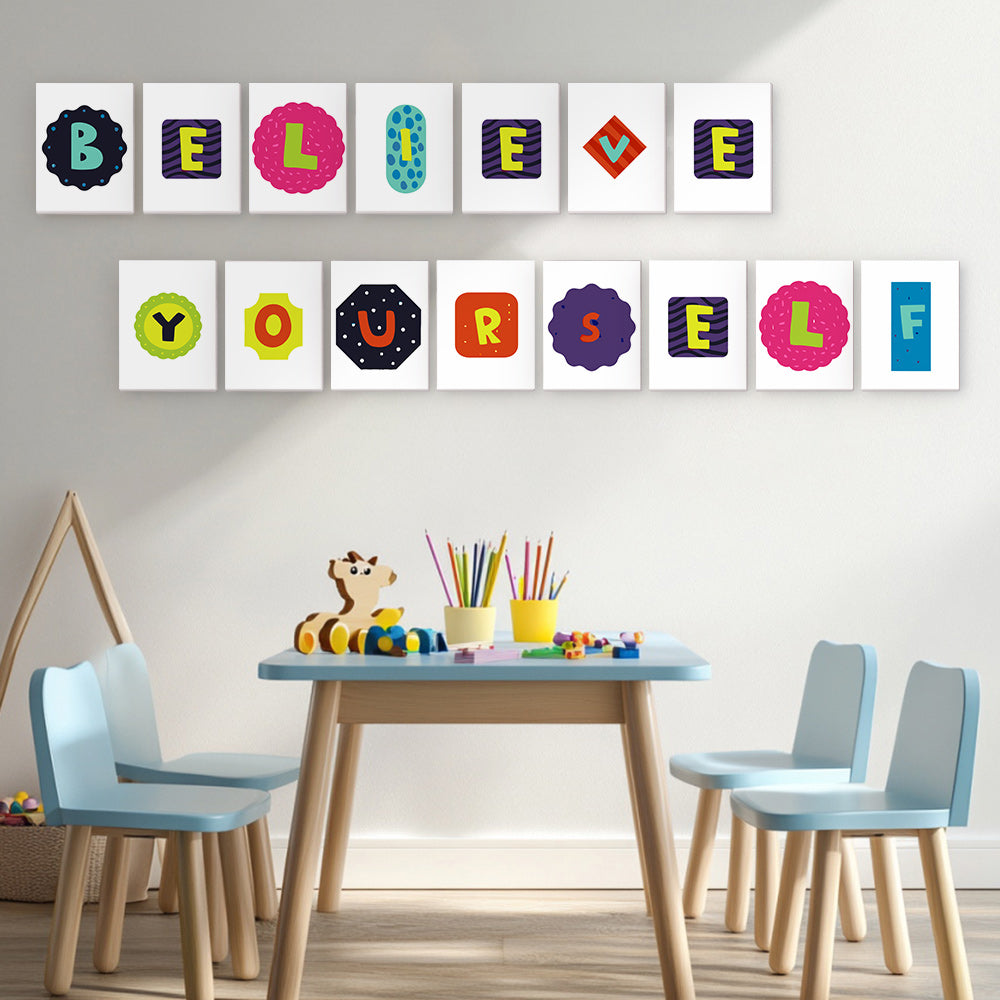 Children's play area with colorful wall art and furniture.