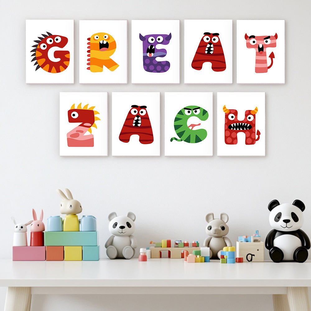 Set of colorful children's wall art letters on a white wall above a table with toys.