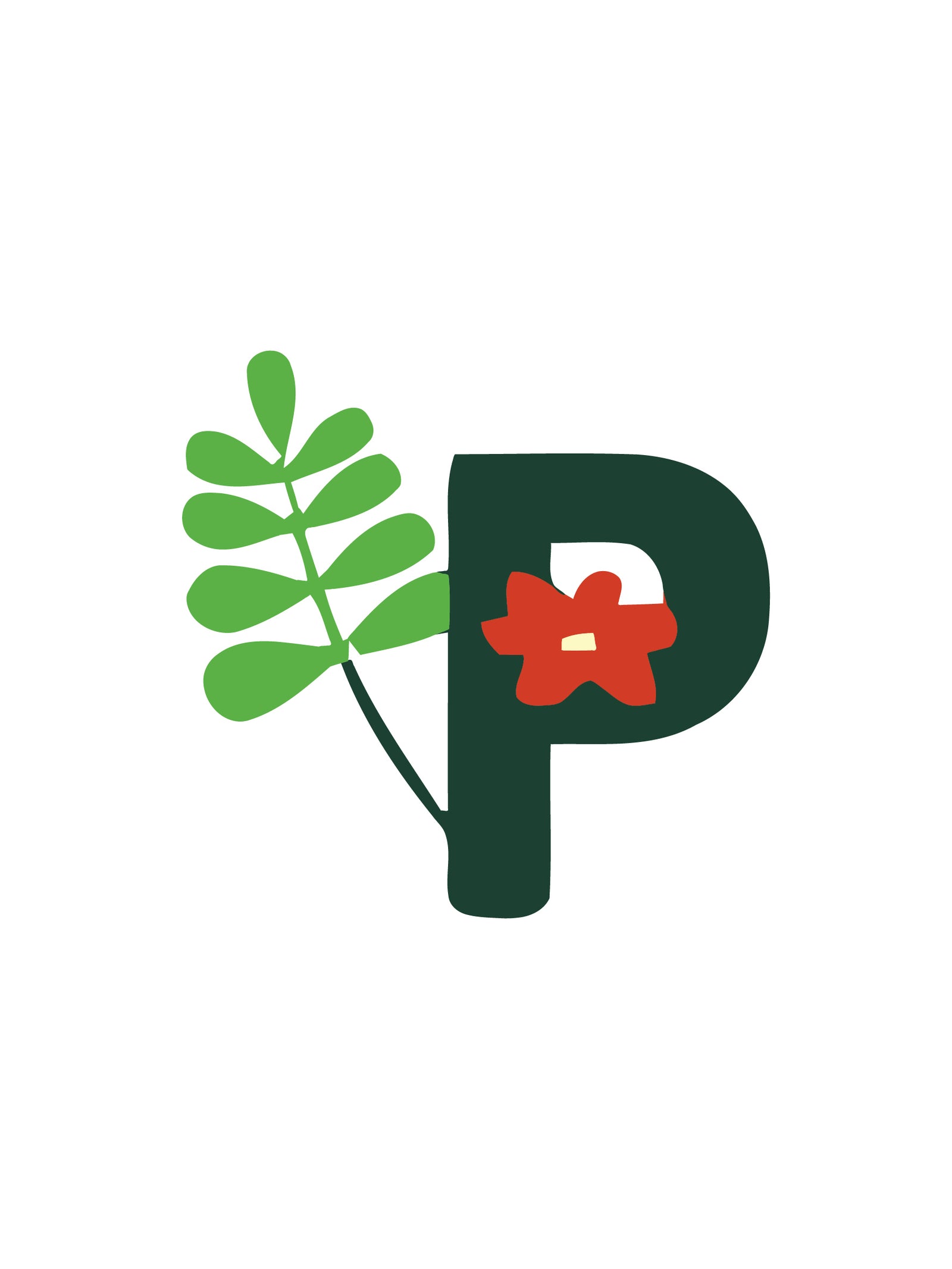 Logo mit grünem Buchstaben „P“ und roter Blume auf weißem Hintergrund