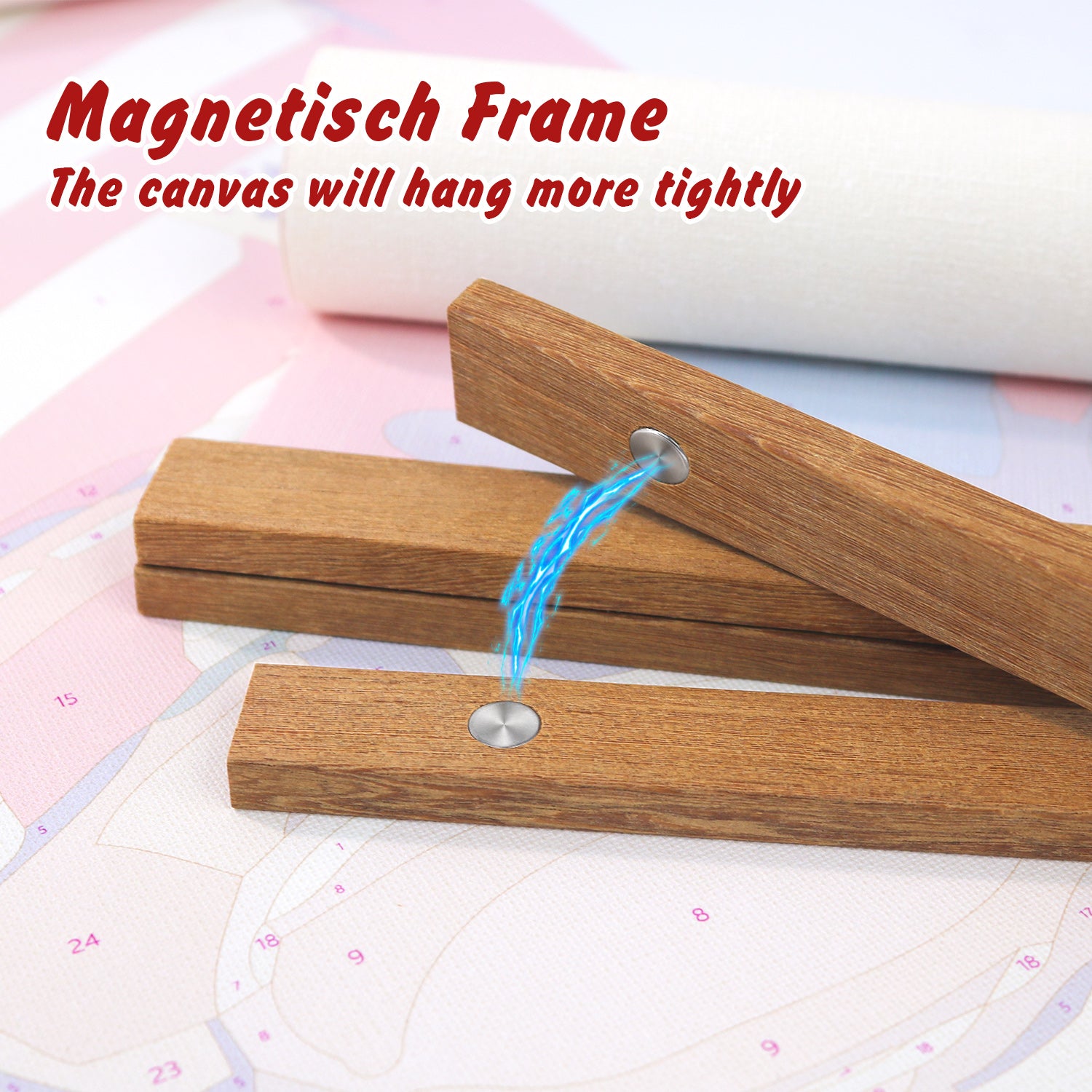 Wooden frame with magnetic clips on a pink and white background