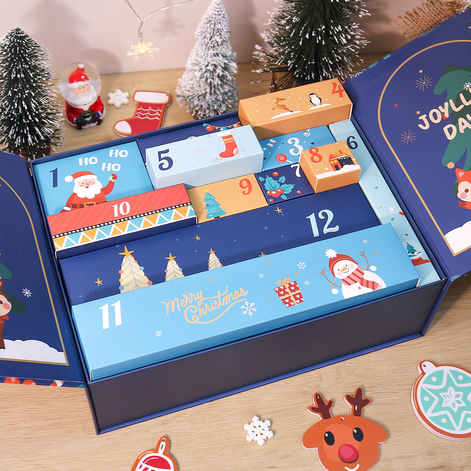 Advent calendar with Christmas-themed design on a wooden surface