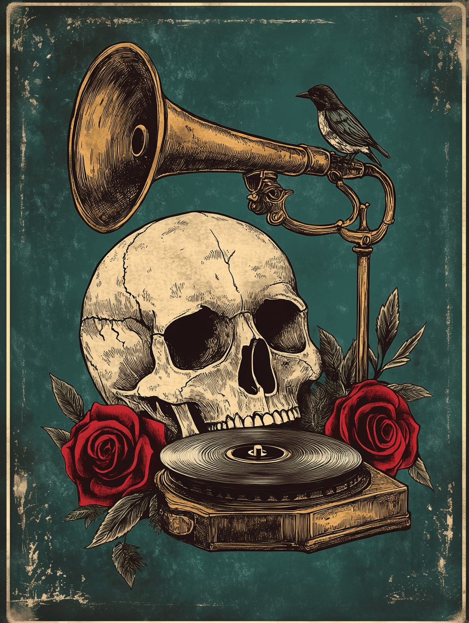 Ein Bild des Malen-nach-Zahlen-Sets mit einem Totenkopf, einem Grammophon, roten Rosen und einem Vogel auf einem Hintergrund im Vintage-Stil.