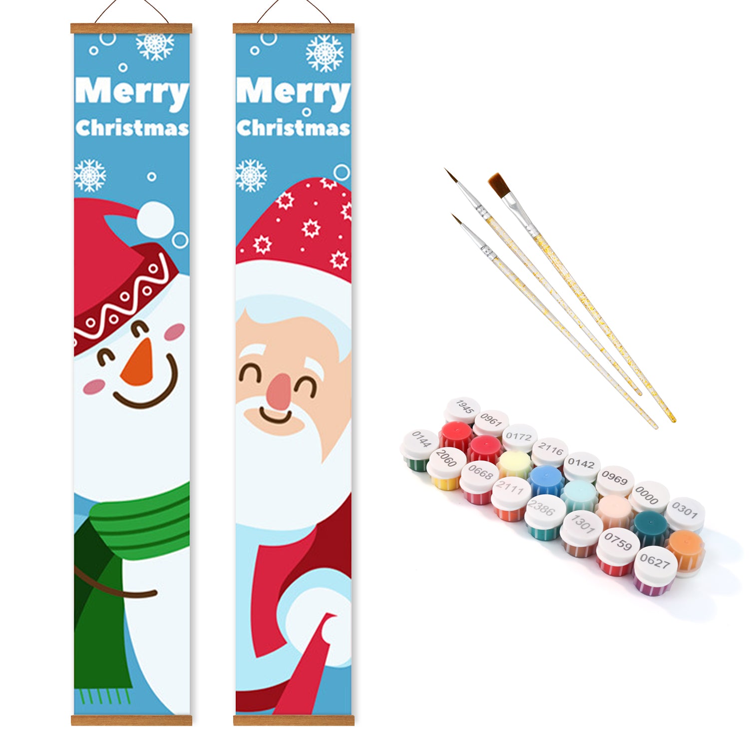 Two Christmas-themed painting kits with Santa Claus and snowman designs, paintbrushes, and paint tubes on a white background.