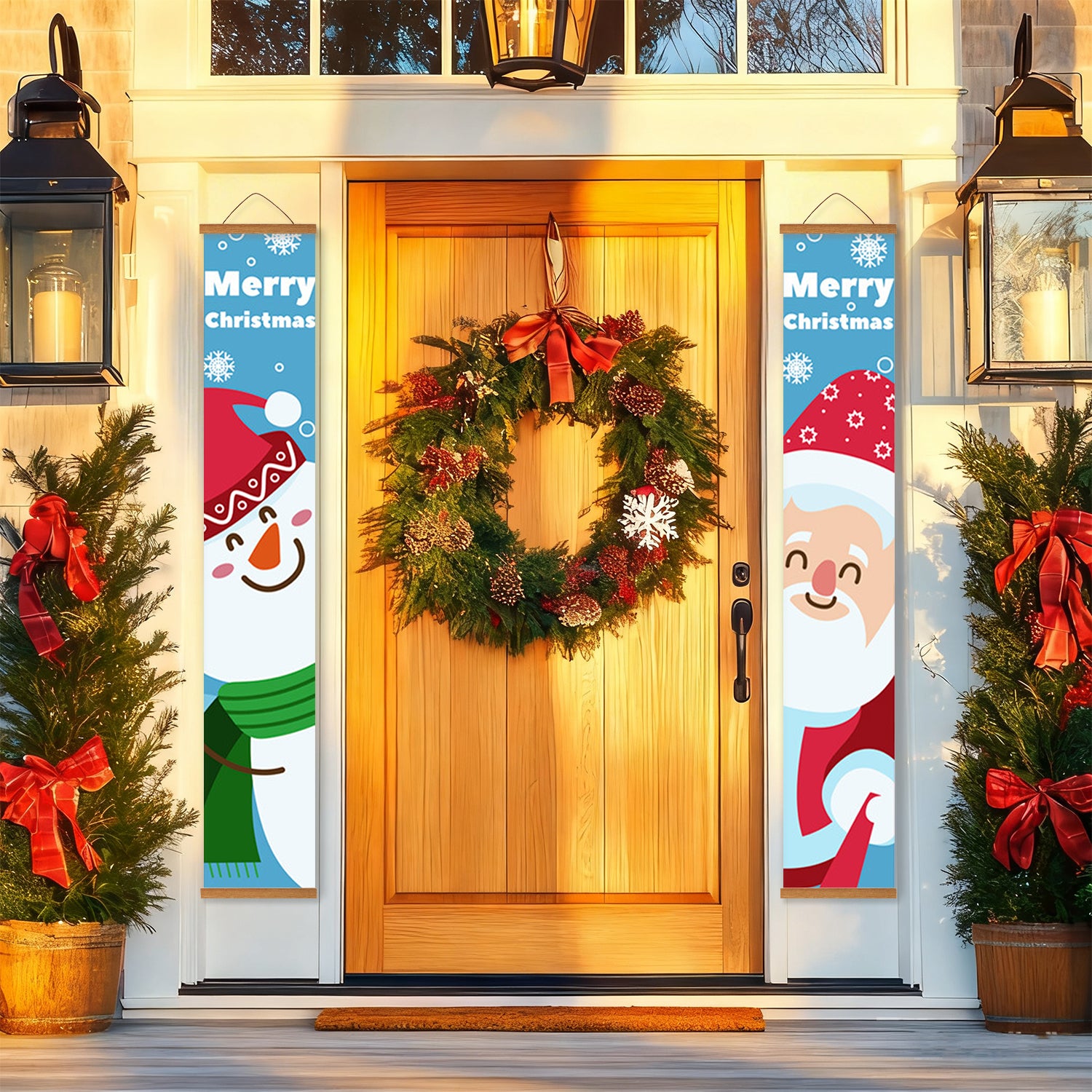 Front door decorated with Christmas wreath and festive banners on a house exterior.