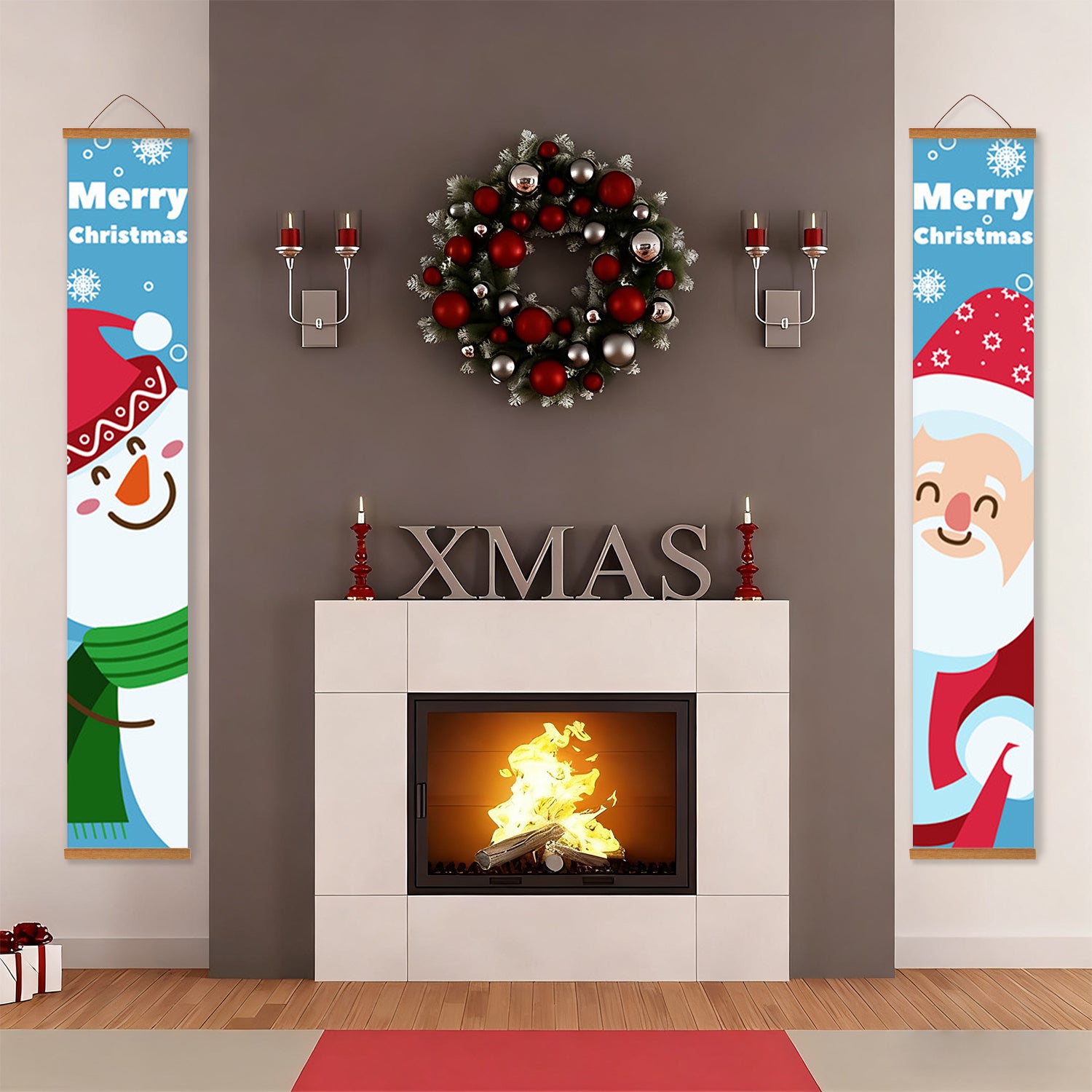 Decorative Christmas scene with a fireplace, wreath, and festive banners.