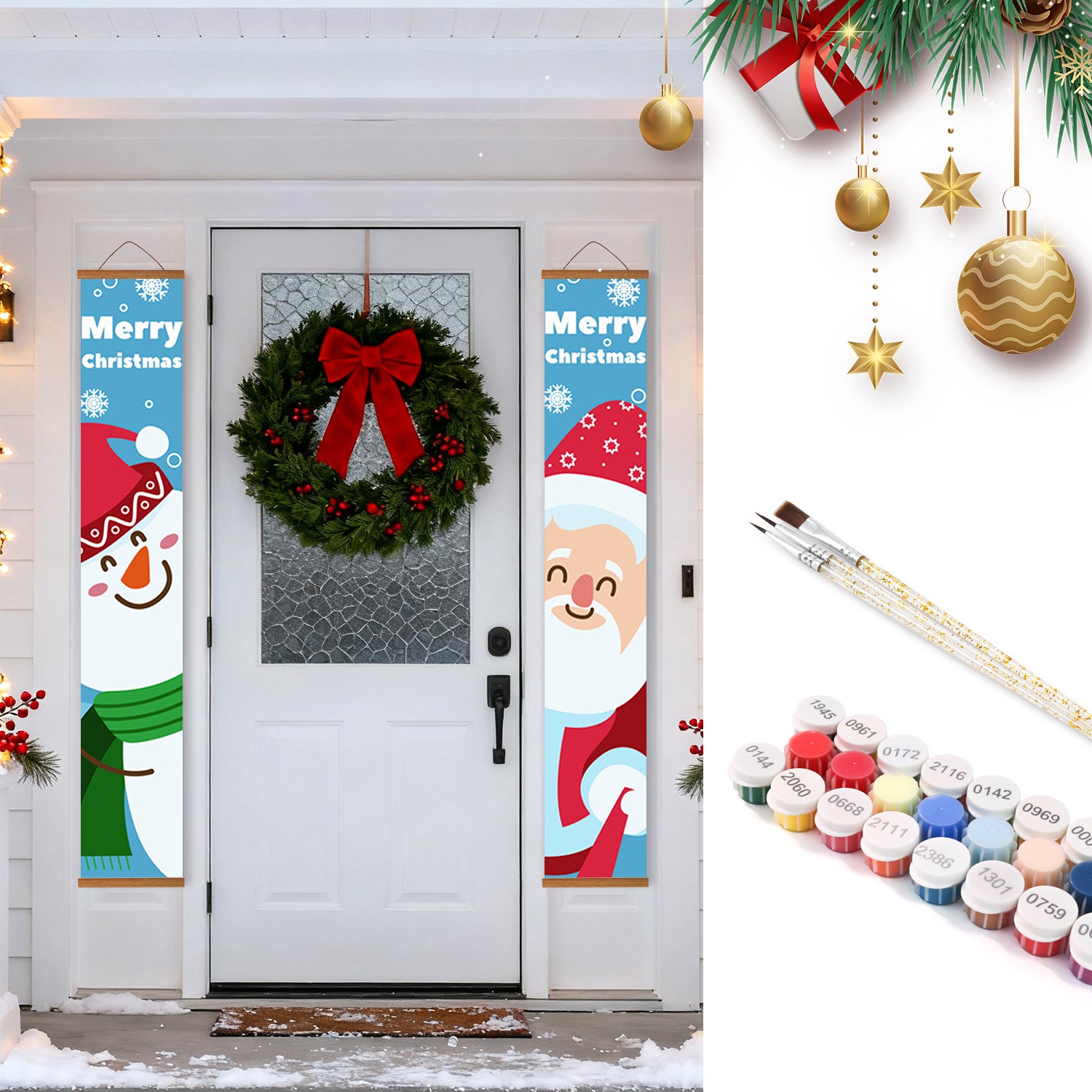 Decorative Christmas banners with Santa Claus and snowman designs on a door, with a wreath and paint supplies in the background.