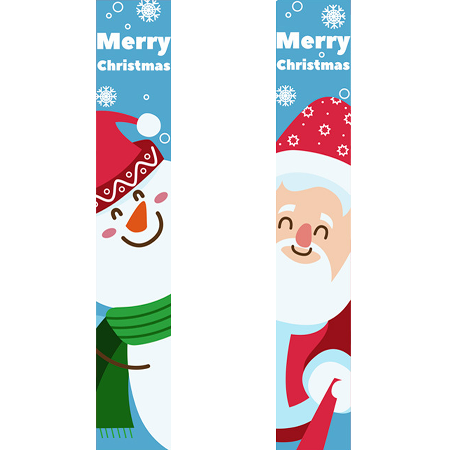 Zwei weihnachtliche Lesezeichen mit Cartoon-Figuren auf blauem Hintergrund.