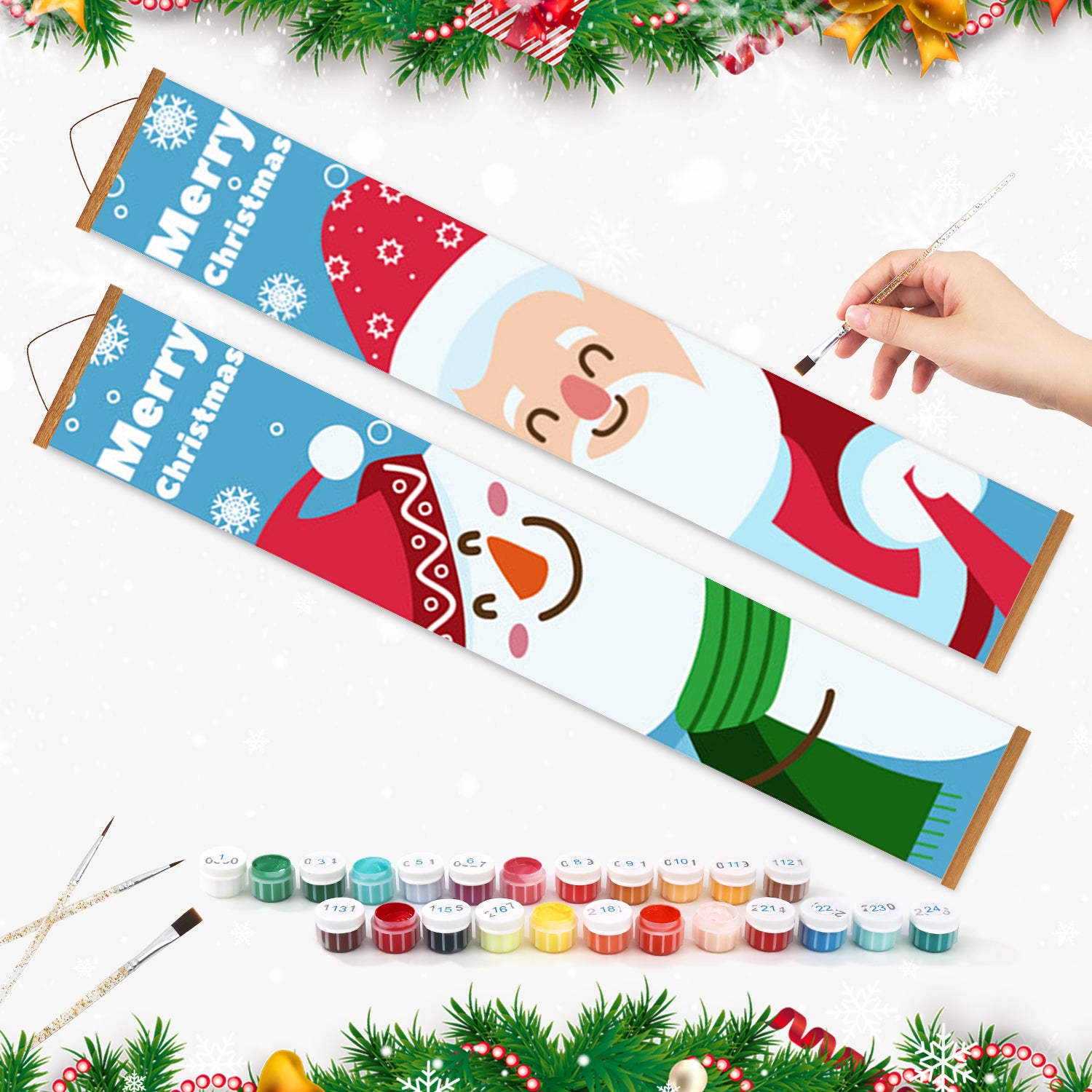 Weihnachtsmalset mit Weihnachtsmann-Motiv und Farbzubehör auf weißem Hintergrund.