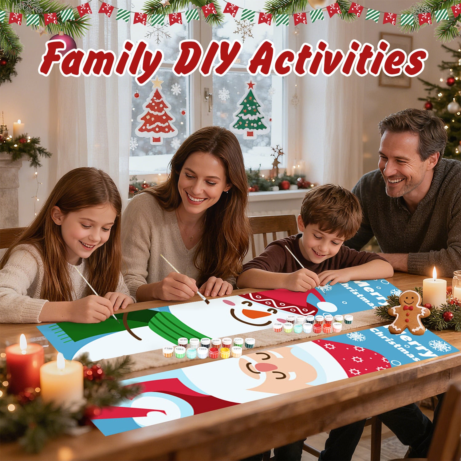 Family engaged in a DIY craft activity with Christmas-themed decorations.