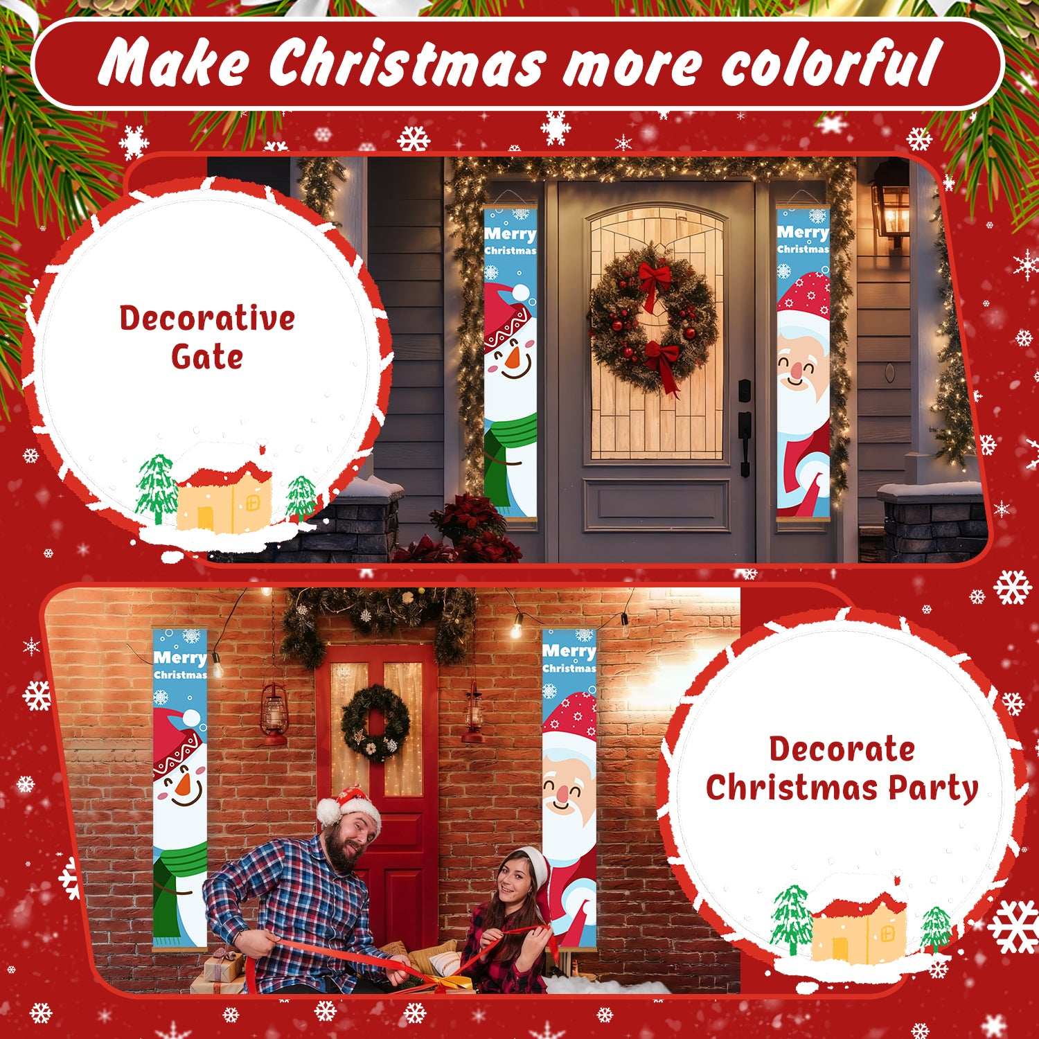 Decorative Christmas gate with festive designs and text on a red border.