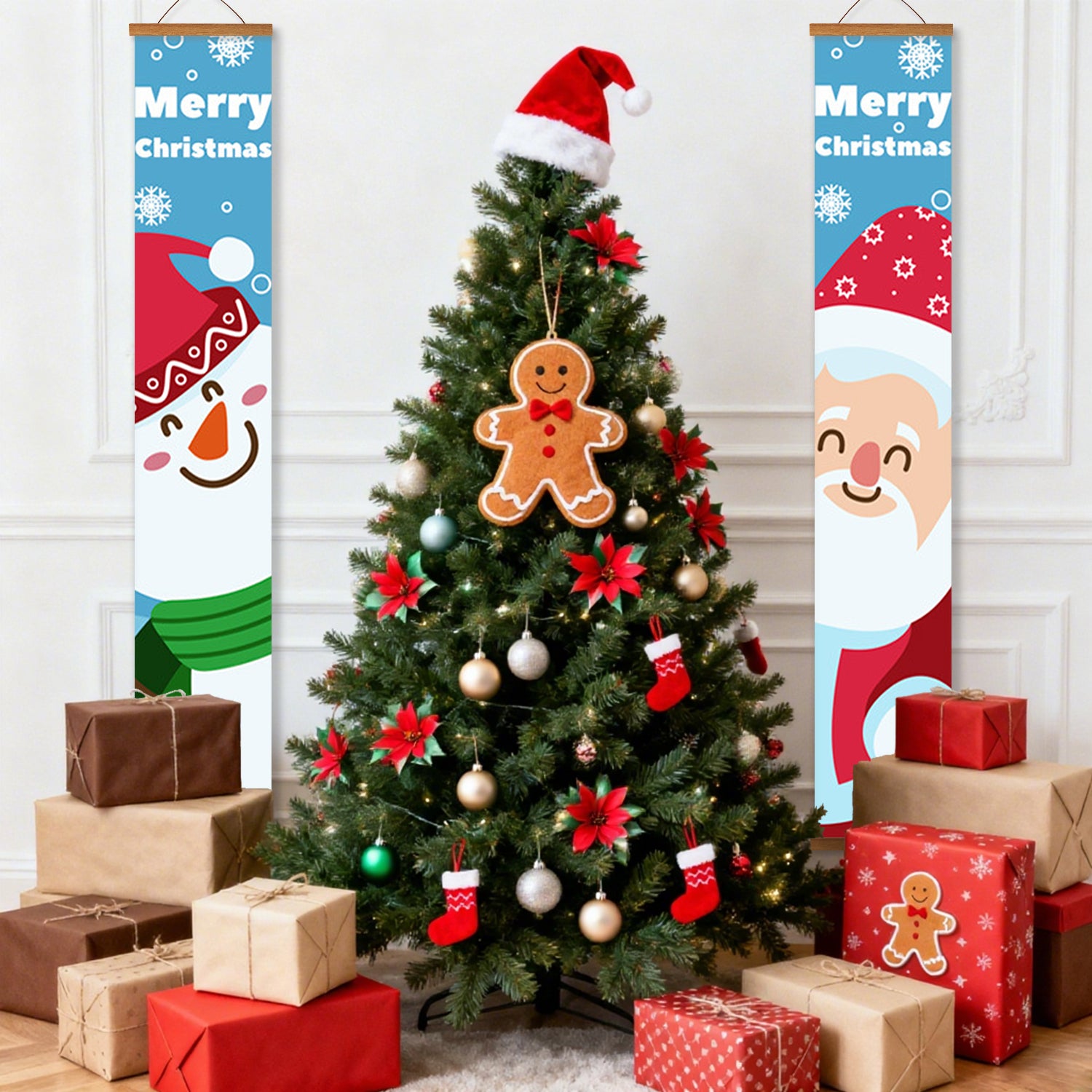 Decorated Christmas tree with ornaments and presents, surrounded by festive banners.