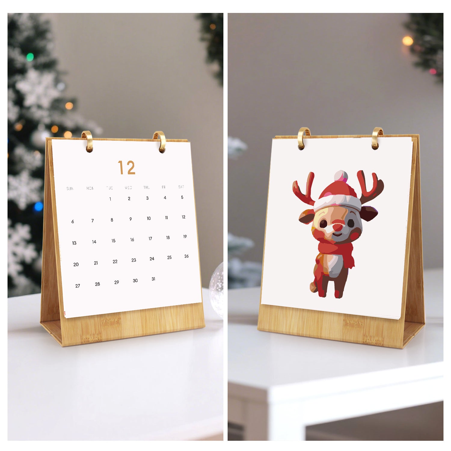 Calendario con soporte de madera que muestra un diseño de un reno con temática navideña.
