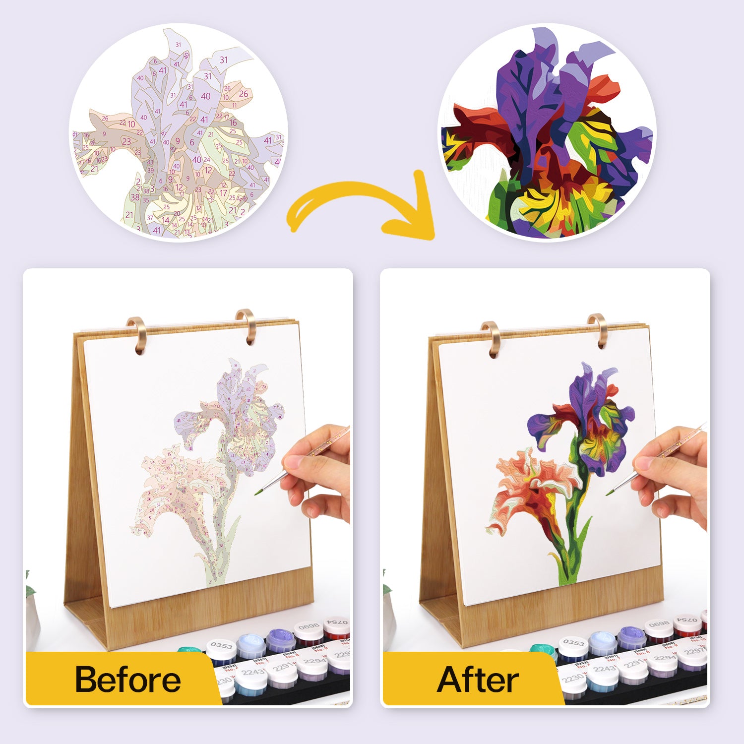 Before and after comparison of a floral painting using watercolors.