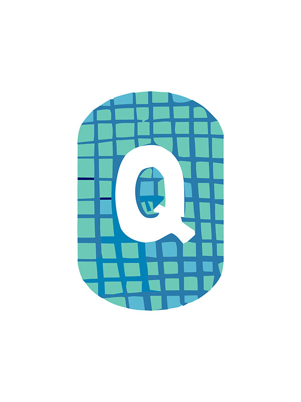 Letter 'Q' with a blue mosaic pattern on a white background