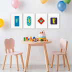 Children's table and chairs with colorful balloons and a 'Happy Birthday' cake in a room.